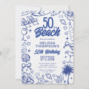 Convites Aniversário de 50 anos na Praia com Ilustrações Ca