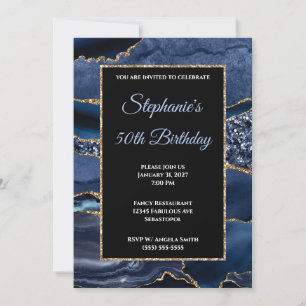 Convites Aniversário de 50 anos Navy Agate Dourado Brilho G