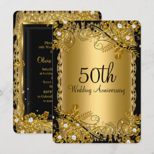 Convites Aniversário de 50 anos Ouro Preto Floral Swirl