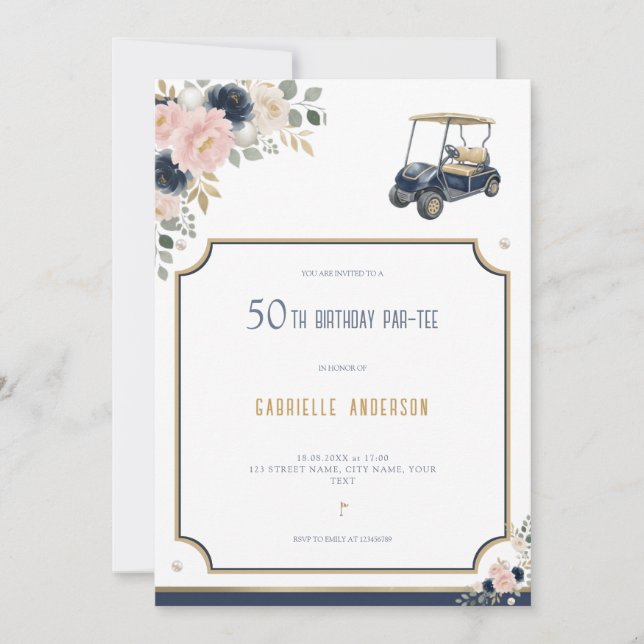 Convites Aniversário de 50 anos Par-Tee de Golfe Azul Naval (Frente)