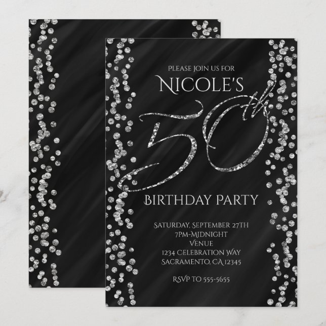 Convites Aniversário de 50 anos Preto e Prata Glam com Bril (Frente/Verso)