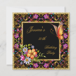 Convites Aniversário de 50 anos Rosa Floral Borboleta Preto