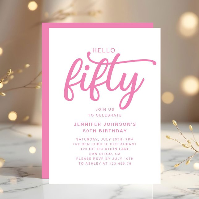Convites Aniversário de 50 anos Rosa Moderno (Modern Pink 50th Birthday Invitation)