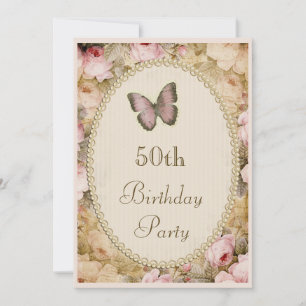Convites Aniversário de 50 anos Rosas Vintage Borboleta, No