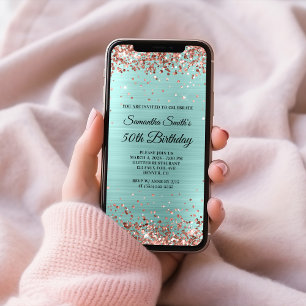 Convites Aniversário de 50 anos Rose Gold Glitter Turquesa