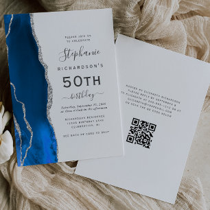Convites Aniversário de 50 anos Royal Blue Silver Agate QR