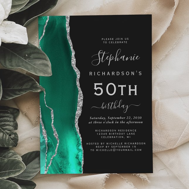 Convites Aniversário de 50 anos Seafoam Verde Prata Ágata E (Criador carregado)