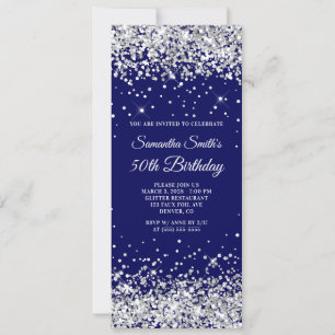 Convites Aniversário de 50 anos Silver Glitter Navy