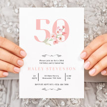 Aniversário de 50 anos Simples Rosa e Branco Flora