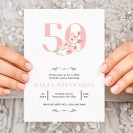 Convites Aniversário de 50 anos Simples Rosa e Branco Flora