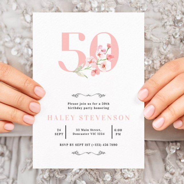 Convites Aniversário de 50 anos Simples Rosa e Branco Flora (Criador carregado)