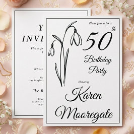 Convites Aniversário de 50 anos Snowdrop Floral Preto e Bra