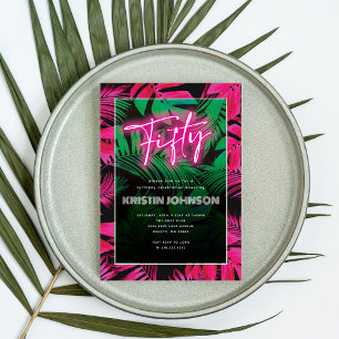 Convites Aniversário de 50 anos Tropical Rosa Neon na Moda