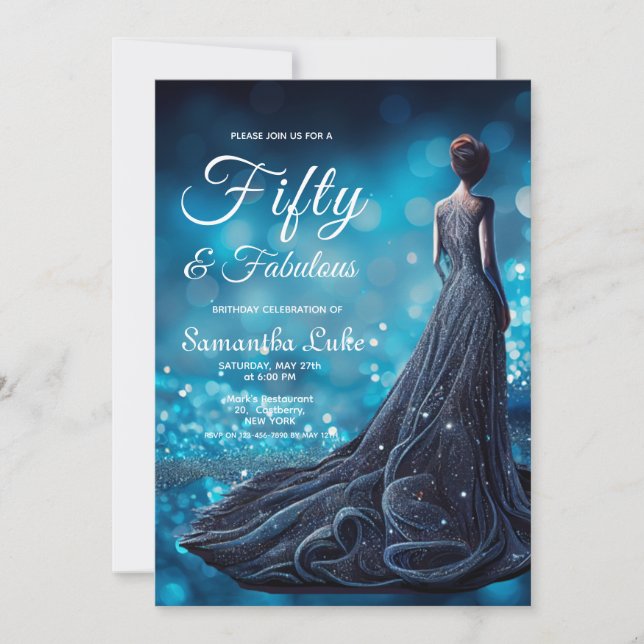 Convites Aniversário de 50 Fabuloso Vestido Azul Silver (Frente)