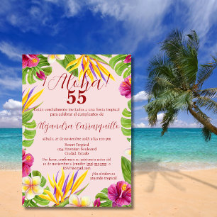 Convites Aniversário de 55 anos Colorido Aloha Rosa Havaian