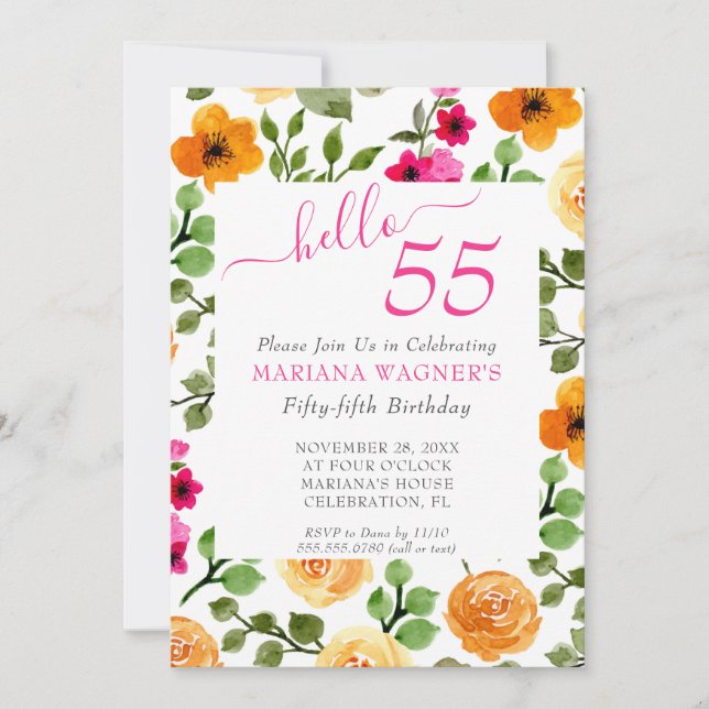 Convites Aniversário de 55 anos em Script Elegante Floral L (Frente)