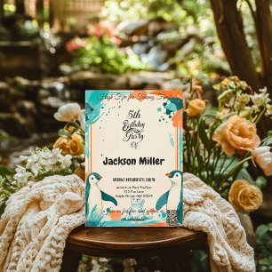 Convites Aniversário de 5 5, Teal e Laranja, Polar