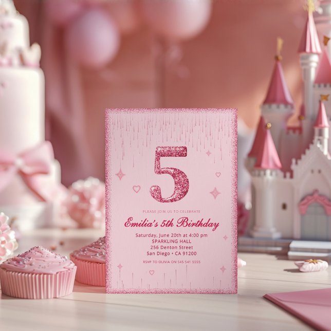 Convites Aniversário de 5 anos com Brilho Rosa | Brilho Esp (Criador carregado)