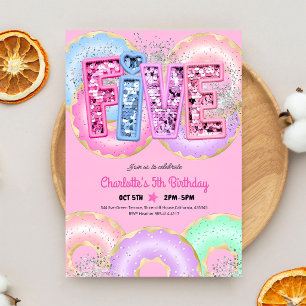 Convites Aniversário de 5 anos com Donut Rosa Lantejoulas B