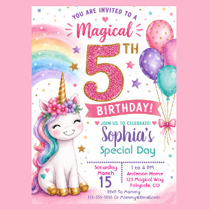 Convites Aniversário de 5 anos da Menina Unicórnio Mágico