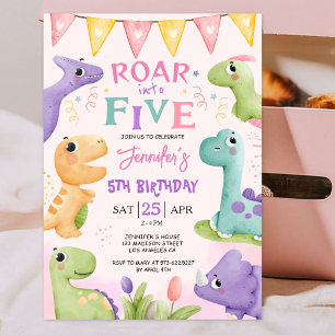 Convites Aniversário de 5 anos do Dinossauro Rosa Fofo Rugi