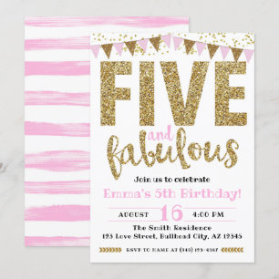 Convites Aniversário de 5 anos Rosa e Dourado da Menina - C