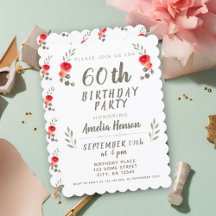 Aniversário de 60 anos Aguarela Rosa Galho Floral