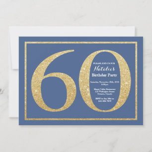 Convites Aniversário de 60 anos com Brilho Azul e Dourado