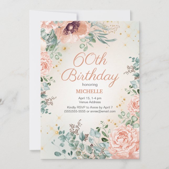 Convites Aniversário de 60 anos com Brilho Dourado e Floral (Frente)