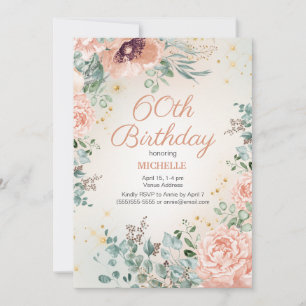 Convites Aniversário de 60 anos com Brilho Dourado e Floral