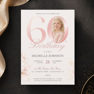 Convites Aniversário de 60 anos com Foto Floral Rosa Elegan