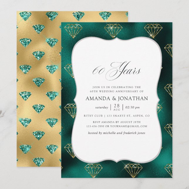Convites Aniversário de 60 anos de casamento em azul-petról (Frente/Verso)