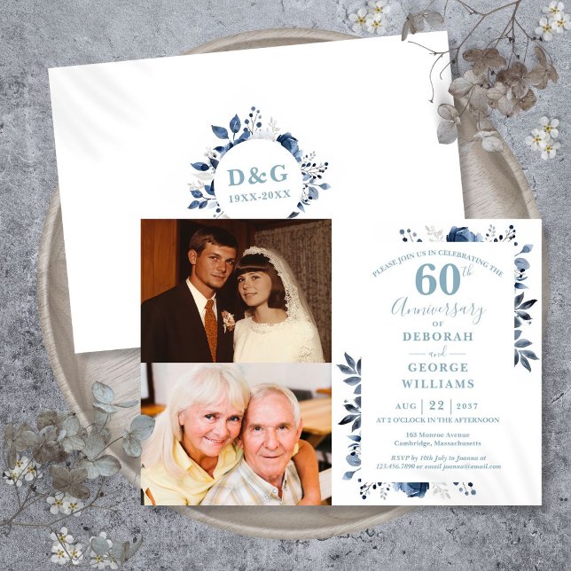 Convites Aniversário de 60 anos de casamento floral Then &  (Floral 60th Wedding Anniversary Then & Now 2 Photo Invitation)