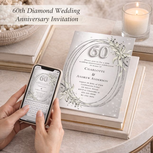 Convites aniversário de 60 anos de casamento prata folhagen (Criador carregado)