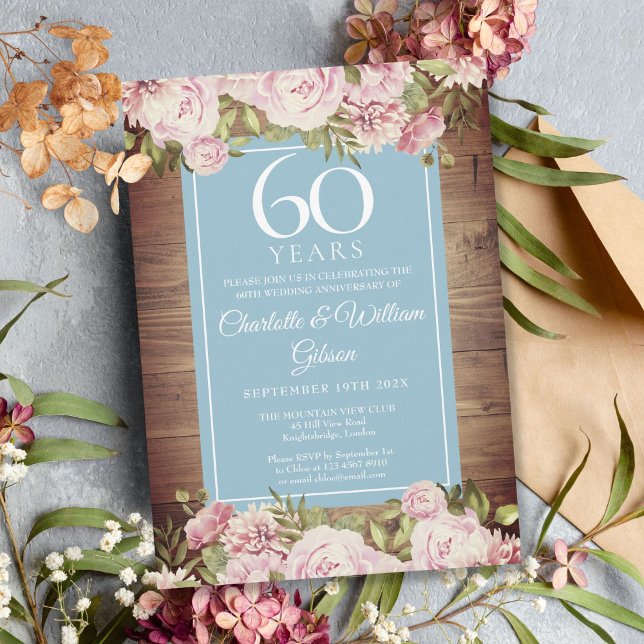 Convites Aniversário de 60 anos de Casamento Rosas Rústicas (60th Wedding Anniversary Rustic Roses Greenery Invitation)