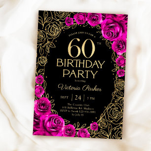 Convites Aniversário de 60 anos elegante em rosa fúcsia, pr