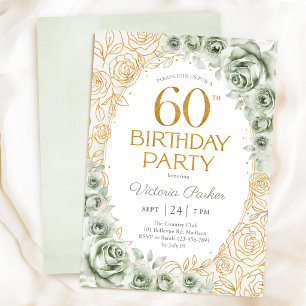 Convites Aniversário de 60 anos elegante em verde sage dour