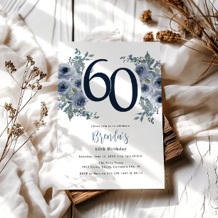 Convites Aniversário de 60 anos Elegante Floral Azul