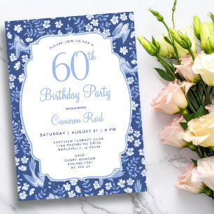 Convites Aniversário de 60 anos Elegante Floral Azul Femini