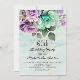 Convites Aniversário de 60 anos Elegante Floral Roxo Verde 