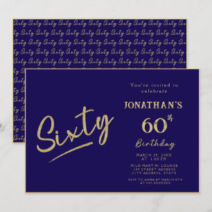 Convites Aniversário de 60 anos Elegante Navy Gold Brush Sc