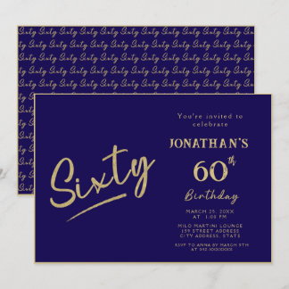 Convites Aniversário de 60 anos Elegante Navy Gold Brush Sc