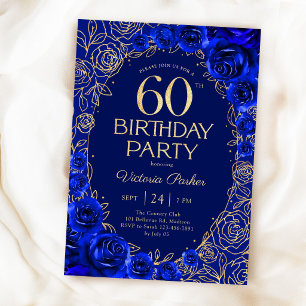 Convites Aniversário de 60 anos Elegante Royal Azul Dourado