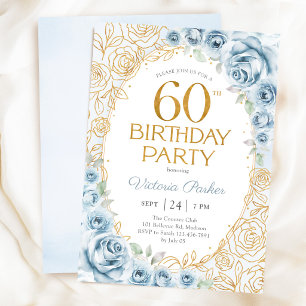 Convites Aniversário de 60 anos em azul poeirento e dourado