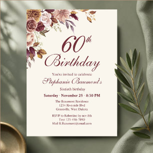 Convites Aniversário de 60 anos em canto floral creme bordô