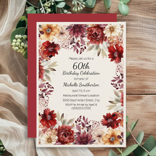 Convites Aniversário de 60 anos em Floral Aquarela Creme Bo