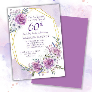 Convites Aniversário de 60 anos em Floral Roxo Aquarela Ele