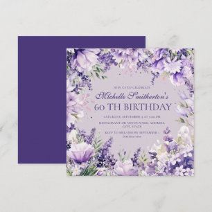 Convites Aniversário de 60 anos em floral roxo com aquarela