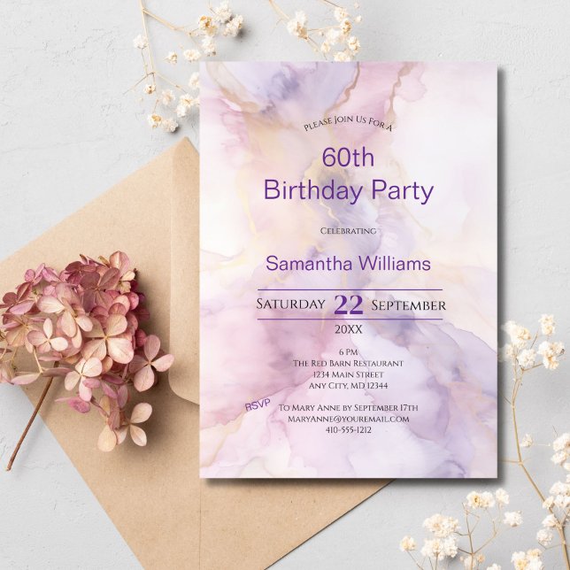 Convites Aniversário de 60 anos em tons de rosa, roxo e dou (Pink purple gold watercolor wash 60th birthday invitation for her. Edit it for any year)