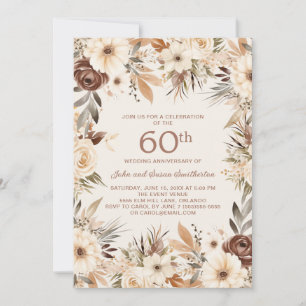 Convites Aniversário de 60 anos Floral Aquarela Creme Marro